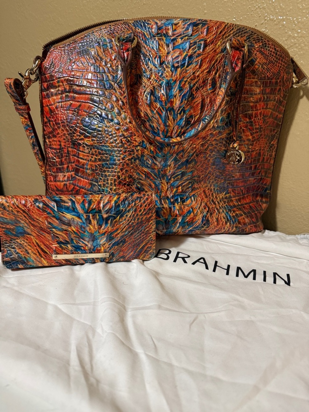 Brahmin Multicolor Embossed Leather Tote in Orange and Blue